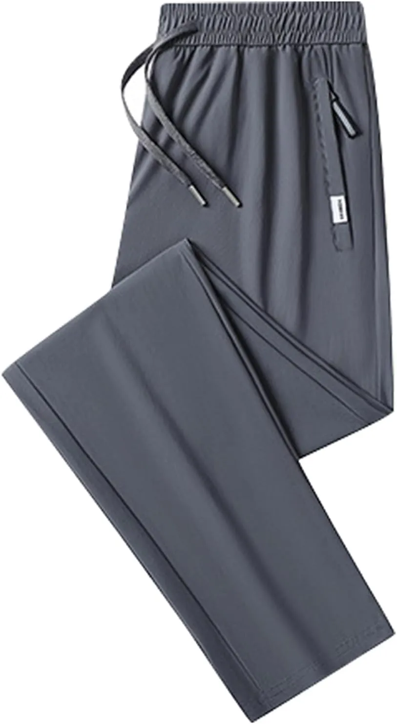 Men's Straight Leg Ice Silk Pants Elastic High Waist Breathable Active Pants Quick Drying Loose-Fit Sports Trousers