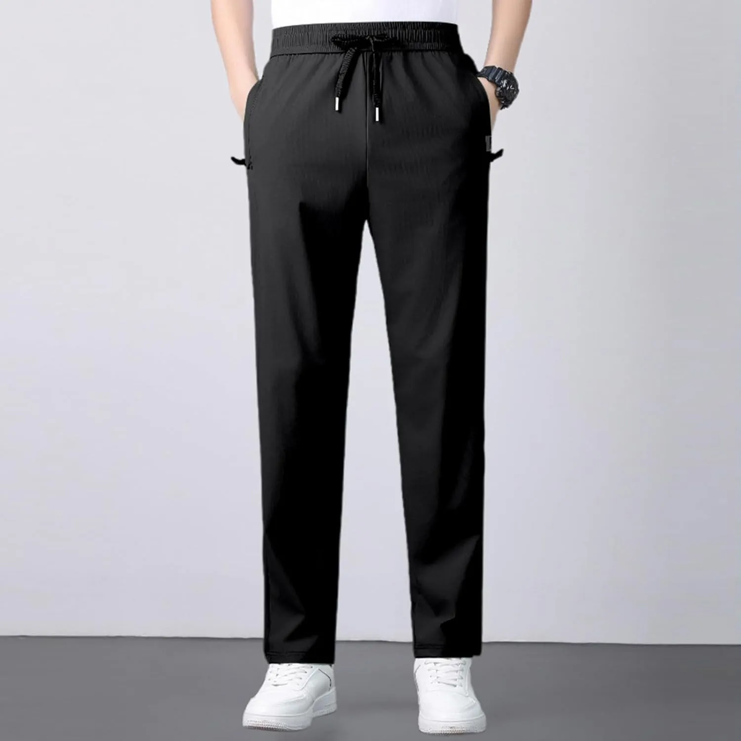 Men's Straight Leg Ice Silk Pants Elastic High Waist Breathable Active Pants Quick Drying Loose-Fit Sports Trousers