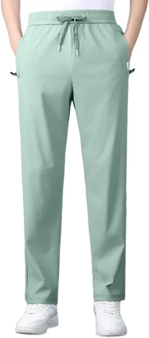 Men's Straight Leg Ice Silk Pants Elastic High Waist Breathable Active Pants Quick Drying Loose-Fit Sports Trousers
