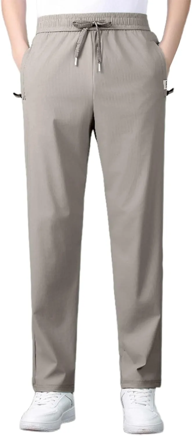 Men's Straight Leg Ice Silk Pants Elastic High Waist Breathable Active Pants Quick Drying Loose-Fit Sports Trousers