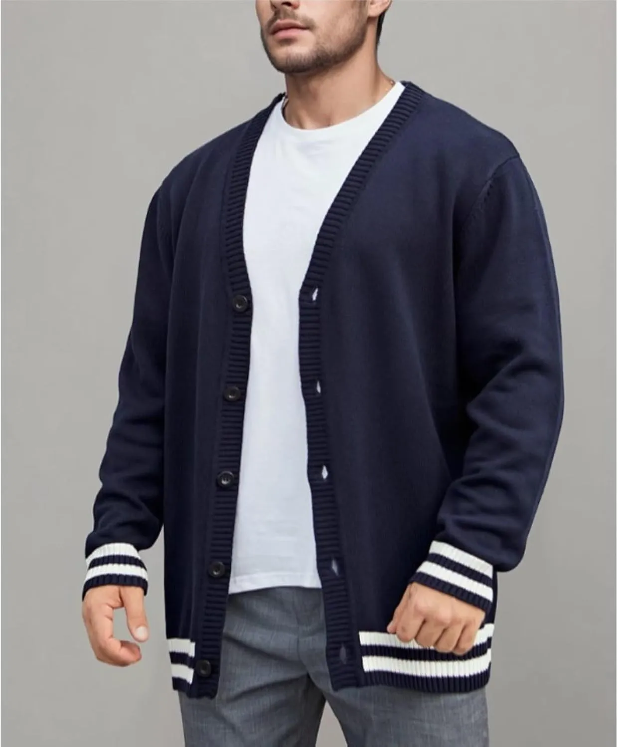 Men's Stripe Knitted Cardigan Sweater Vintage V Neck Button Down Slim Jacket Fall Cable Ribbed Sweater