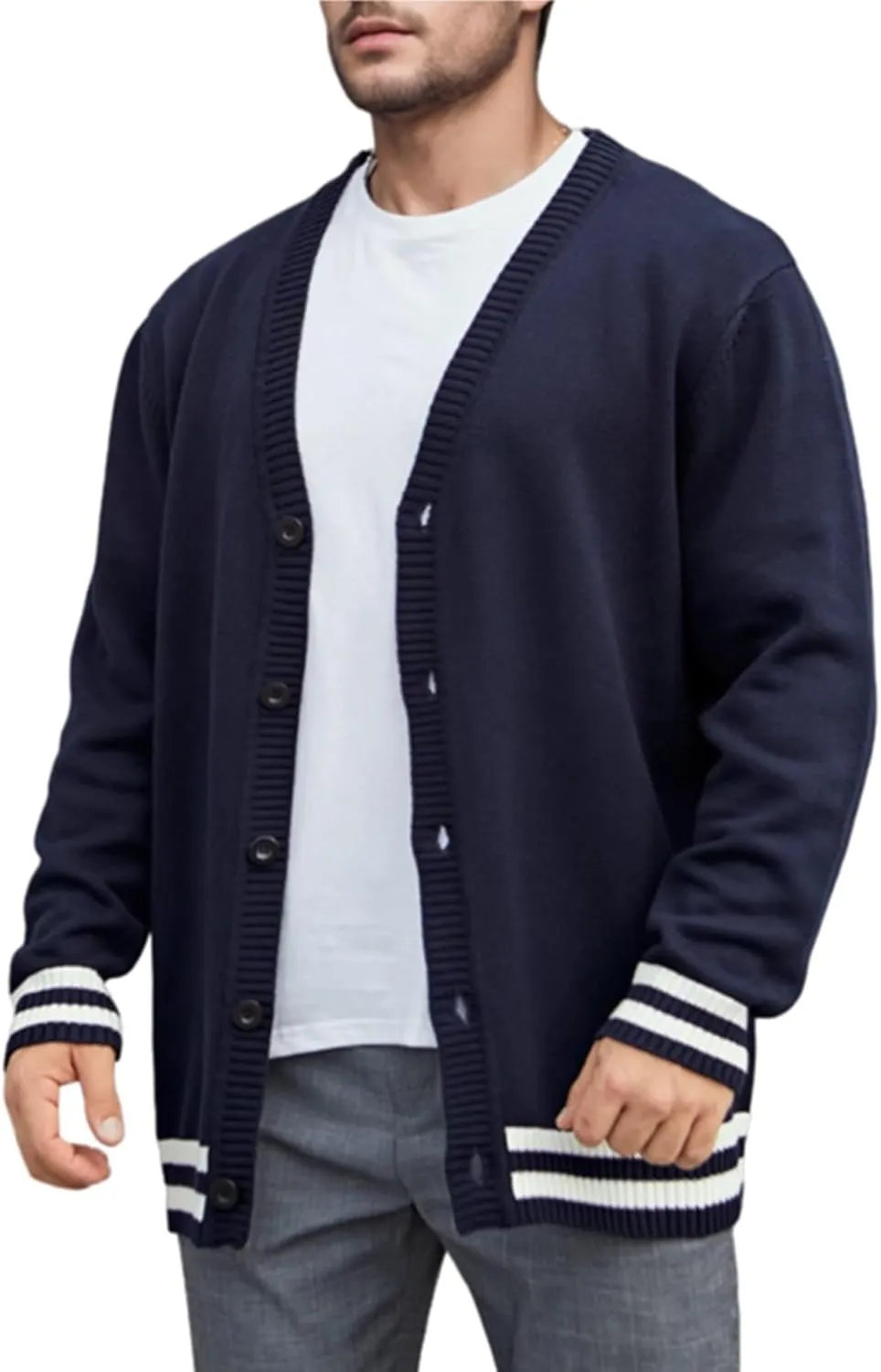 Men's Stripe Knitted Cardigan Sweater Vintage V Neck Button Down Slim Jacket Fall Cable Ribbed Sweater