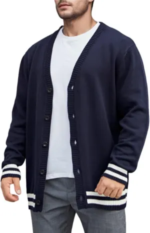 Men's Stripe Knitted Cardigan Sweater Vintage V Neck Button Down Slim Jacket Fall Cable Ribbed Sweater