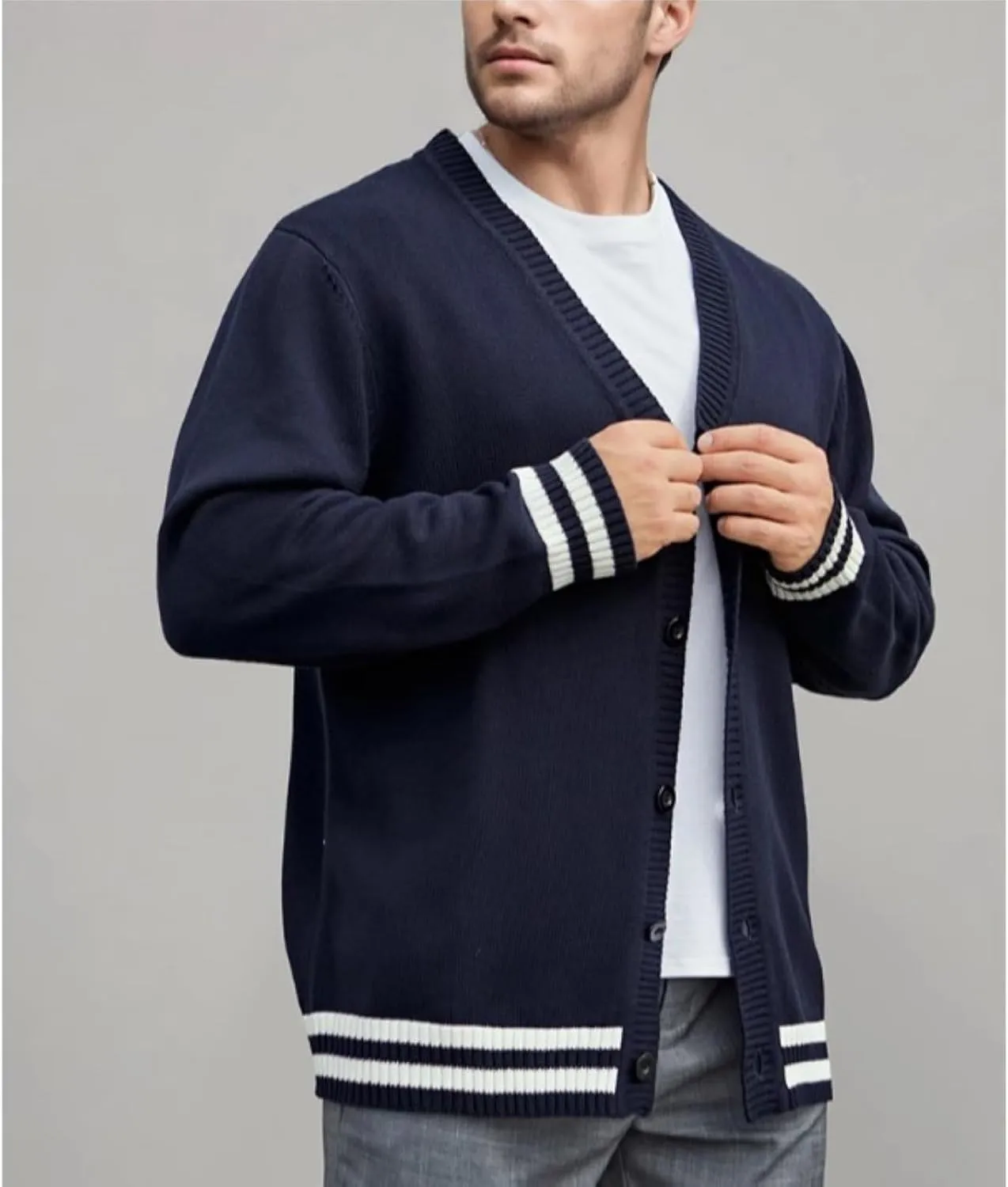 Men's Stripe Knitted Cardigan Sweater Vintage V Neck Button Down Slim Jacket Fall Cable Ribbed Sweater