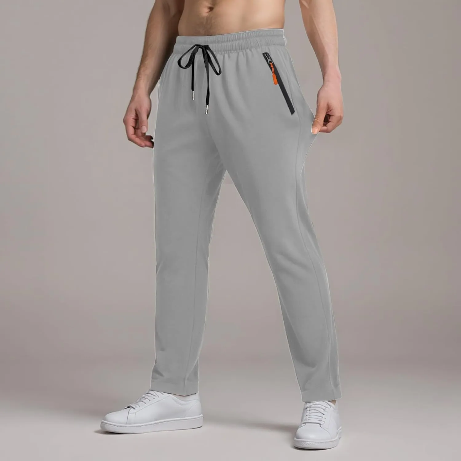 Men's Summer Ice Silk Pants Ultra Stretch Comfy Fit Active Pants Breathable Loose-Fit Trousers with Orange Zipper