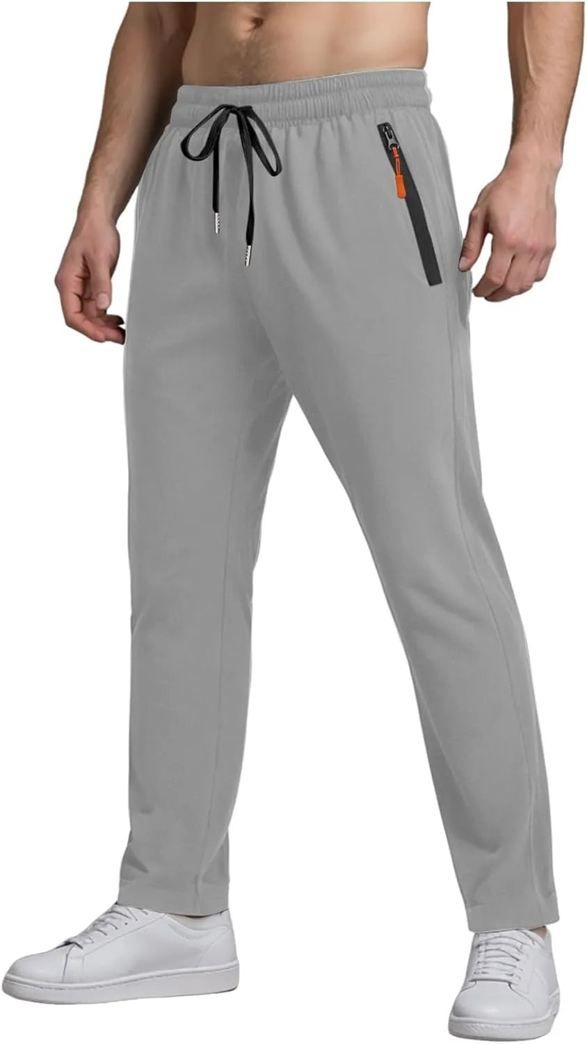 Men's Summer Ice Silk Pants Ultra Stretch Comfy Fit Active Pants Breathable Loose-Fit Trousers with Orange Zipper