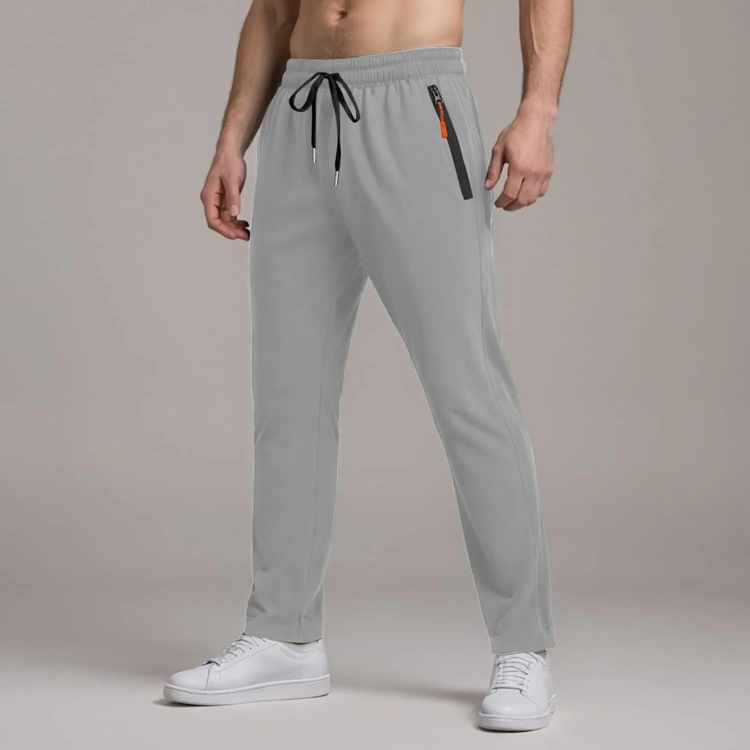 Men's Summer Ice Silk Pants Ultra Stretch Comfy Fit Active Pants Breathable Loose-Fit Trousers with Orange Zipper