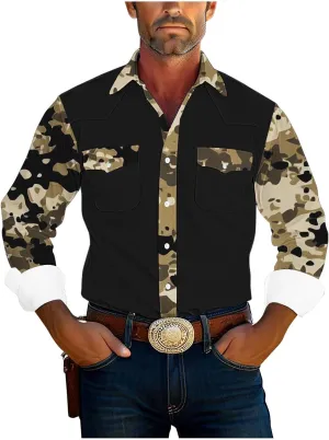 Men's Vintage Print Button Down Shirts Lapel Patchwork Long Sleeve Shirts Casual Color Block Blouse Tops with Pockets