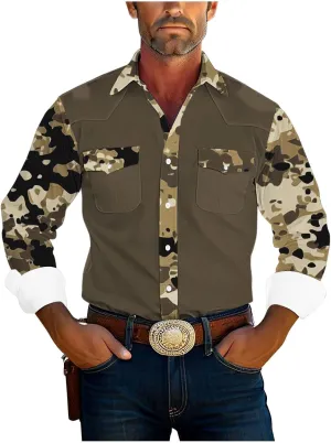 Men's Vintage Print Button Down Shirts Lapel Patchwork Long Sleeve Shirts Casual Color Block Blouse Tops with Pockets