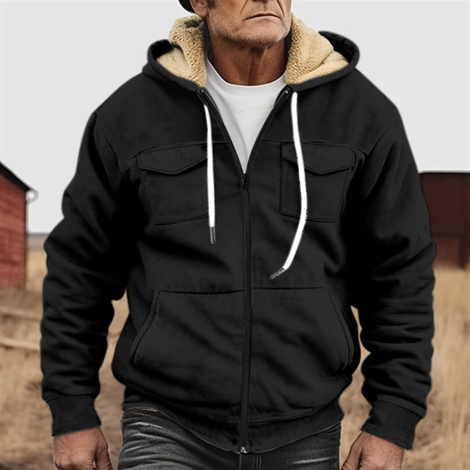 Men's Western Aztec Vintage Print Sherpa Fleece Lined Jackets Drawstring Hooded Outerwear Winter Warm Pockets Coat