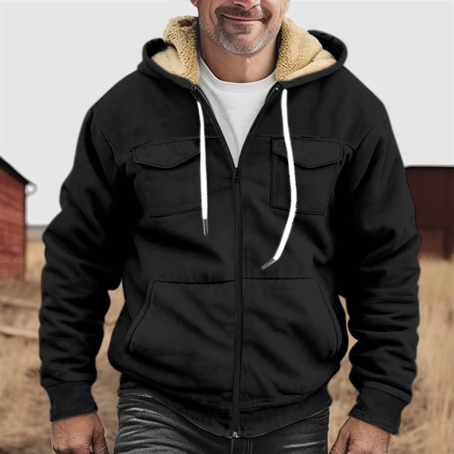Men's Western Aztec Vintage Print Sherpa Fleece Lined Jackets Drawstring Hooded Outerwear Winter Warm Pockets Coat