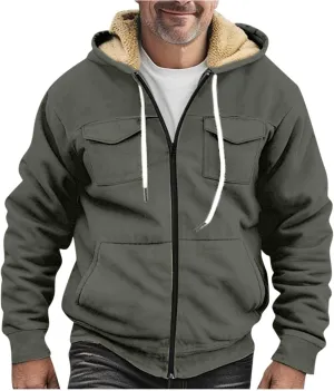 Men's Western Aztec Vintage Print Sherpa Fleece Lined Jackets Drawstring Hooded Outerwear Winter Warm Pockets Coat
