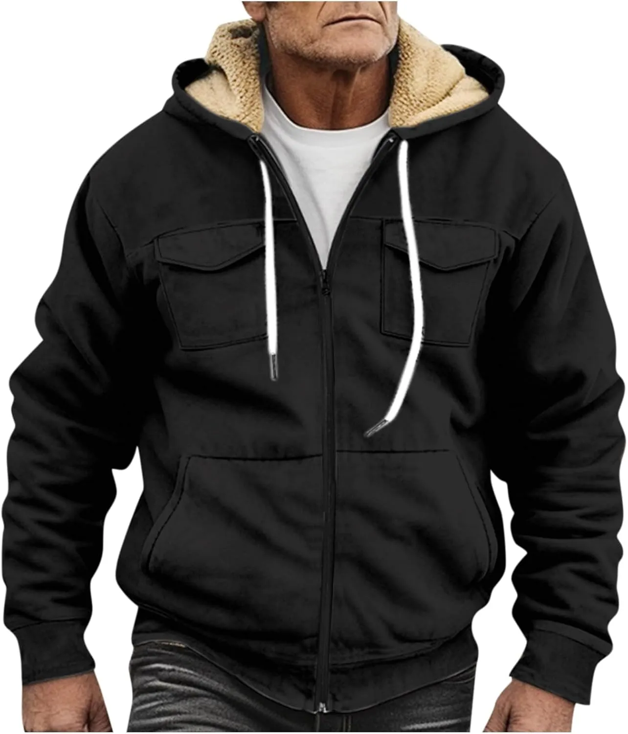 Men's Western Aztec Vintage Print Sherpa Fleece Lined Jackets Drawstring Hooded Outerwear Winter Warm Pockets Coat