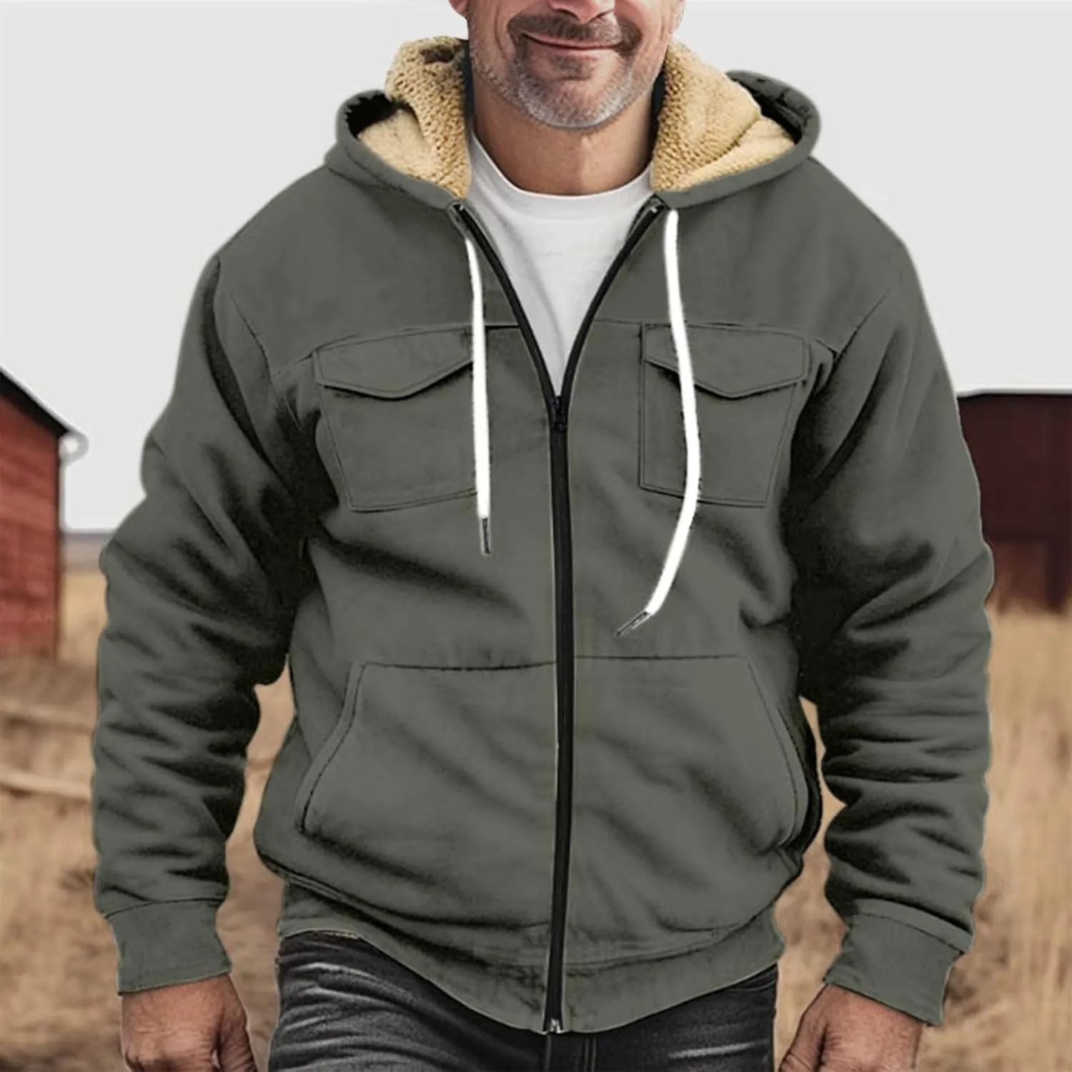 Men's Western Aztec Vintage Print Sherpa Fleece Lined Jackets Drawstring Hooded Outerwear Winter Warm Pockets Coat