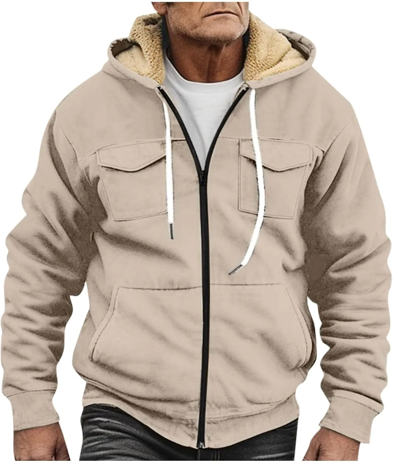 Men's Western Aztec Vintage Print Sherpa Fleece Lined Jackets Drawstring Hooded Outerwear Winter Warm Pockets Coat