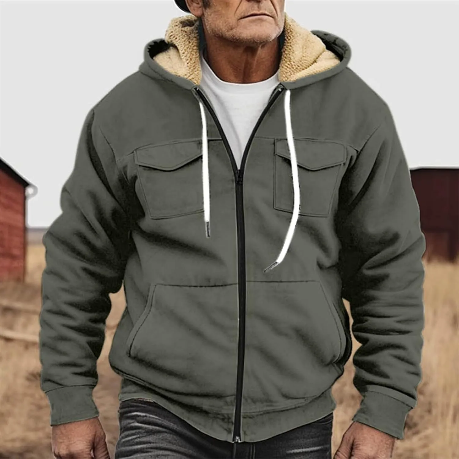 Men's Western Aztec Vintage Print Sherpa Fleece Lined Jackets Drawstring Hooded Outerwear Winter Warm Pockets Coat