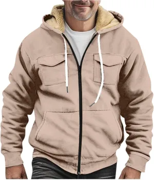 Men's Western Aztec Vintage Print Sherpa Fleece Lined Jackets Drawstring Hooded Outerwear Winter Warm Pockets Coat