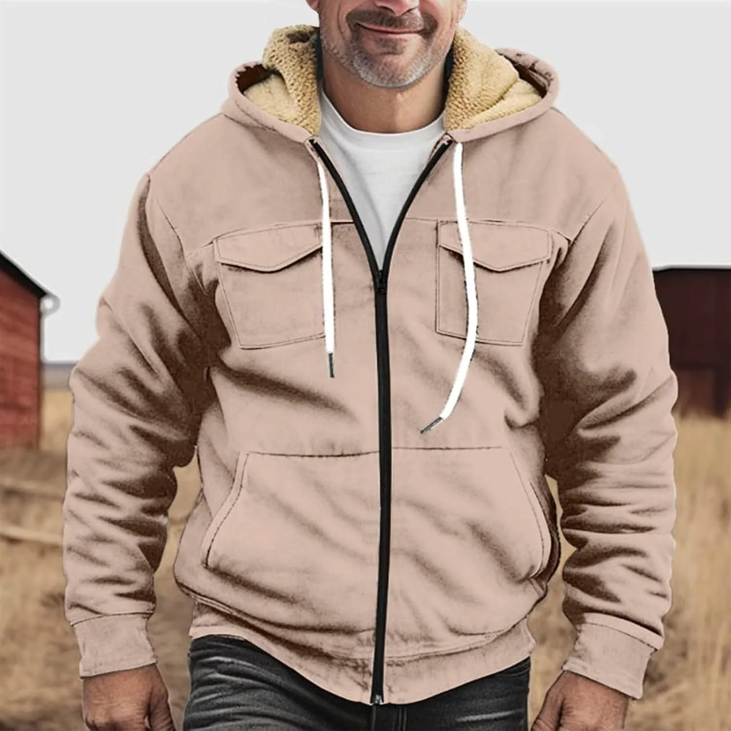 Men's Western Aztec Vintage Print Sherpa Fleece Lined Jackets Drawstring Hooded Outerwear Winter Warm Pockets Coat