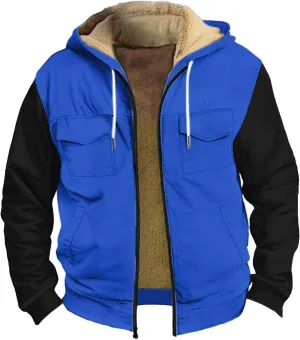 Men's Western Aztec Vintage Print Sherpa Fleece Lined Jackets Drawstring Hooded Outerwear Winter Warm Pockets Coat