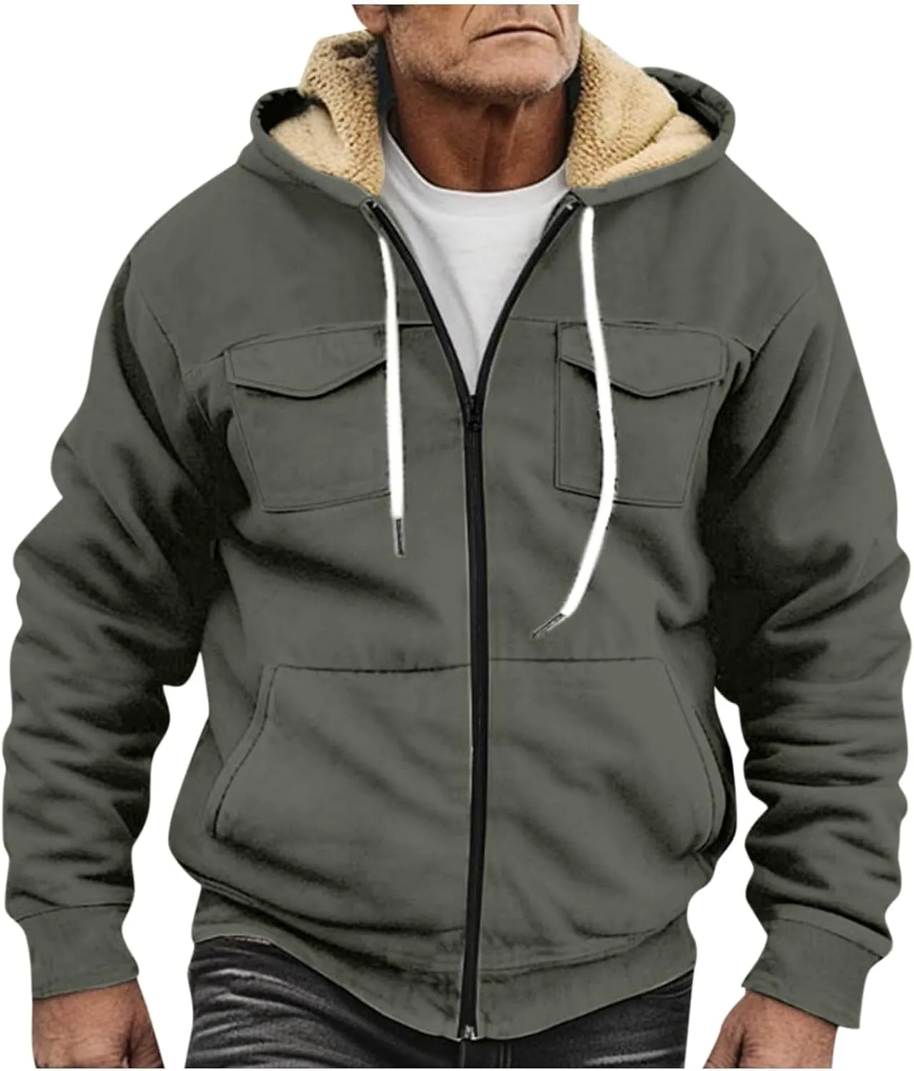 Men's Western Aztec Vintage Print Sherpa Fleece Lined Jackets Drawstring Hooded Outerwear Winter Warm Pockets Coat