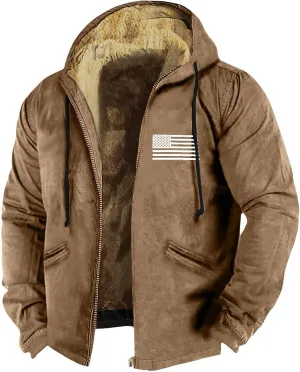 Men's Western Vintage Print Sherpa Fleece Lined Jackets Fall Winter Over Outerwear Quilted Down Varsity Coat Hooded
