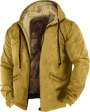 Men's Western Vintage Print Sherpa Fleece Lined Jackets Fall Winter Over Outerwear Quilted Down Varsity Coat Hooded