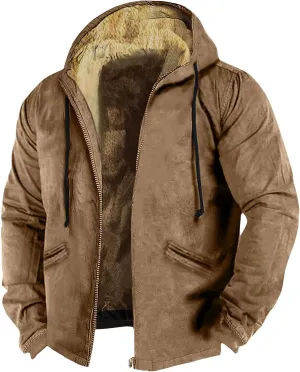 Men's Western Vintage Print Sherpa Fleece Lined Jackets Fall Winter Over Outerwear Quilted Down Varsity Coat Hooded