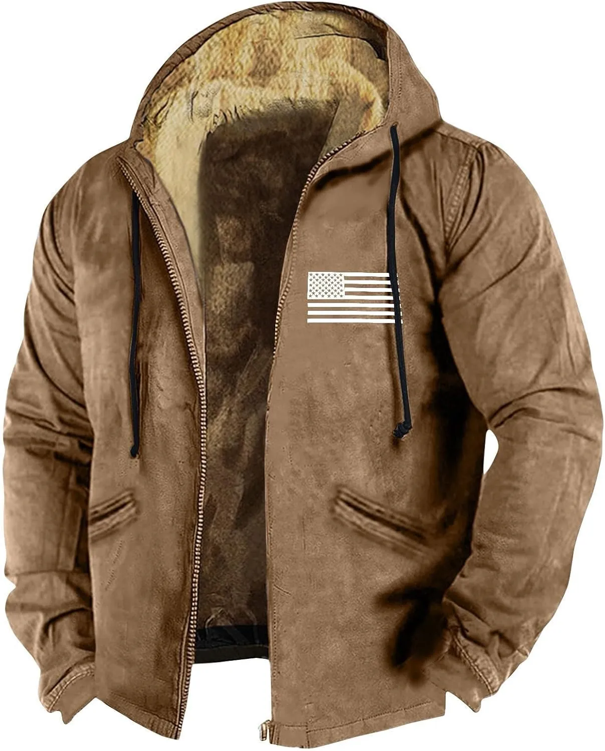 Men's Western Vintage Print Sherpa Fleece Lined Jackets Fall Winter Over Outerwear Quilted Down Varsity Coat Hooded