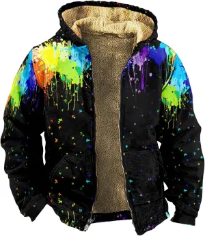 Men's Western Vintage Print Sherpa Fleece Lined Jackets Faux Cozy Outerwear Quilted Down Varsity Coat Plus Size