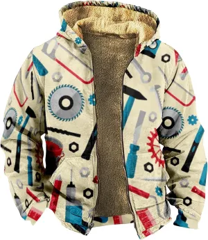 Men's Western Vintage Print Sherpa Fleece Lined Jackets Faux Cozy Outerwear Quilted Down Varsity Coat Plus Size
