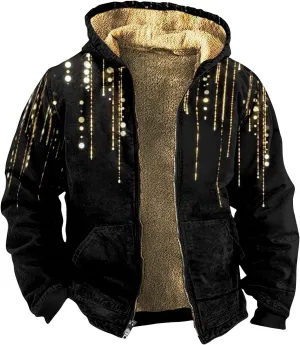Men's Western Vintage Print Sherpa Fleece Lined Jackets Faux Cozy Outerwear Quilted Down Varsity Coat Plus Size