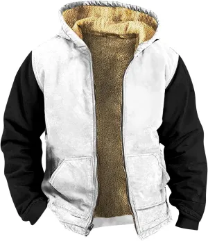 Men's Western Vintage Print Sherpa Fleece Lined Jackets Faux Cozy Outerwear Windproof Varsity Coat with Pocket