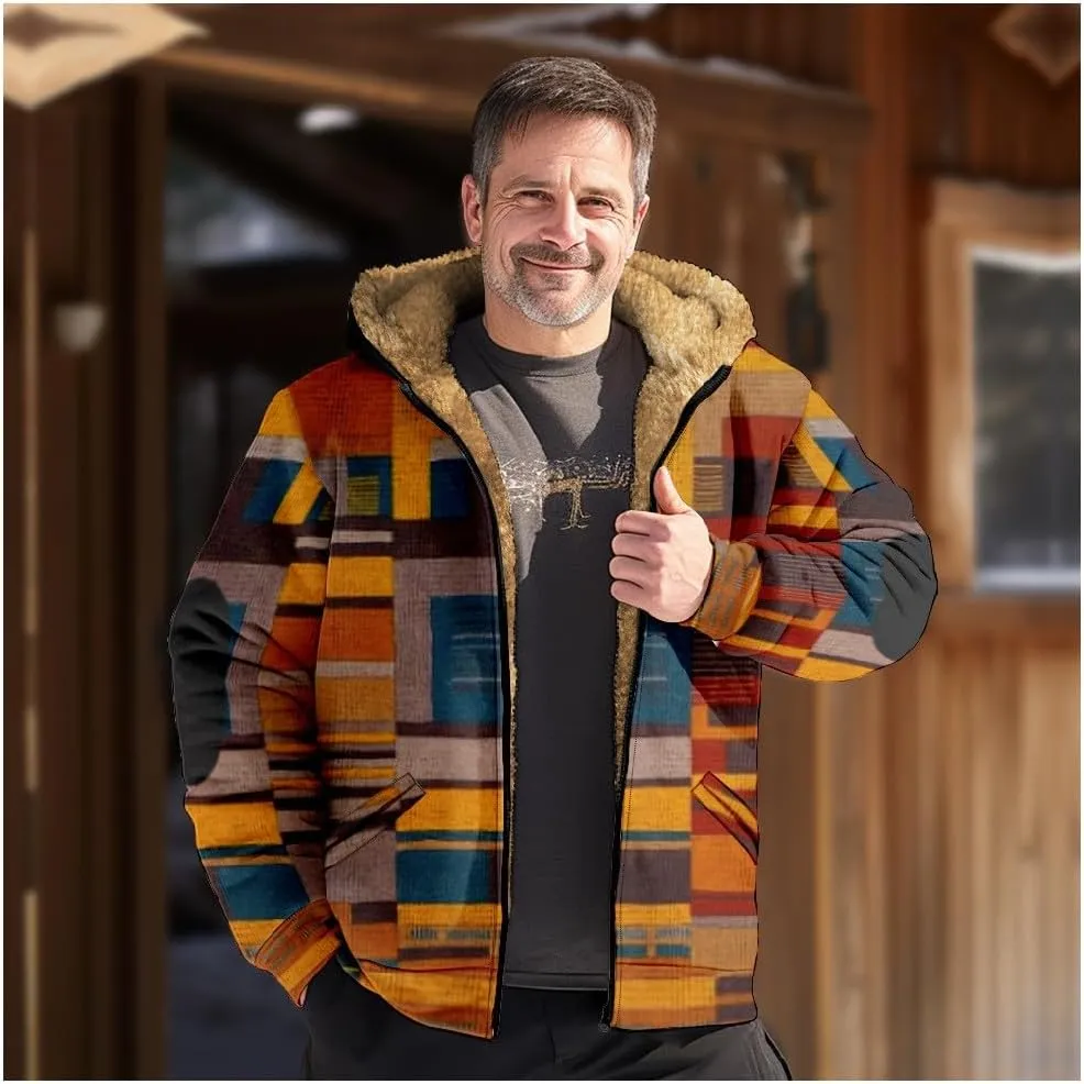 Men's Western Vintage Print Sherpa Fleece Lined Jackets Faux Over Outerwear Windbreaker Varsity Coat Plus Size