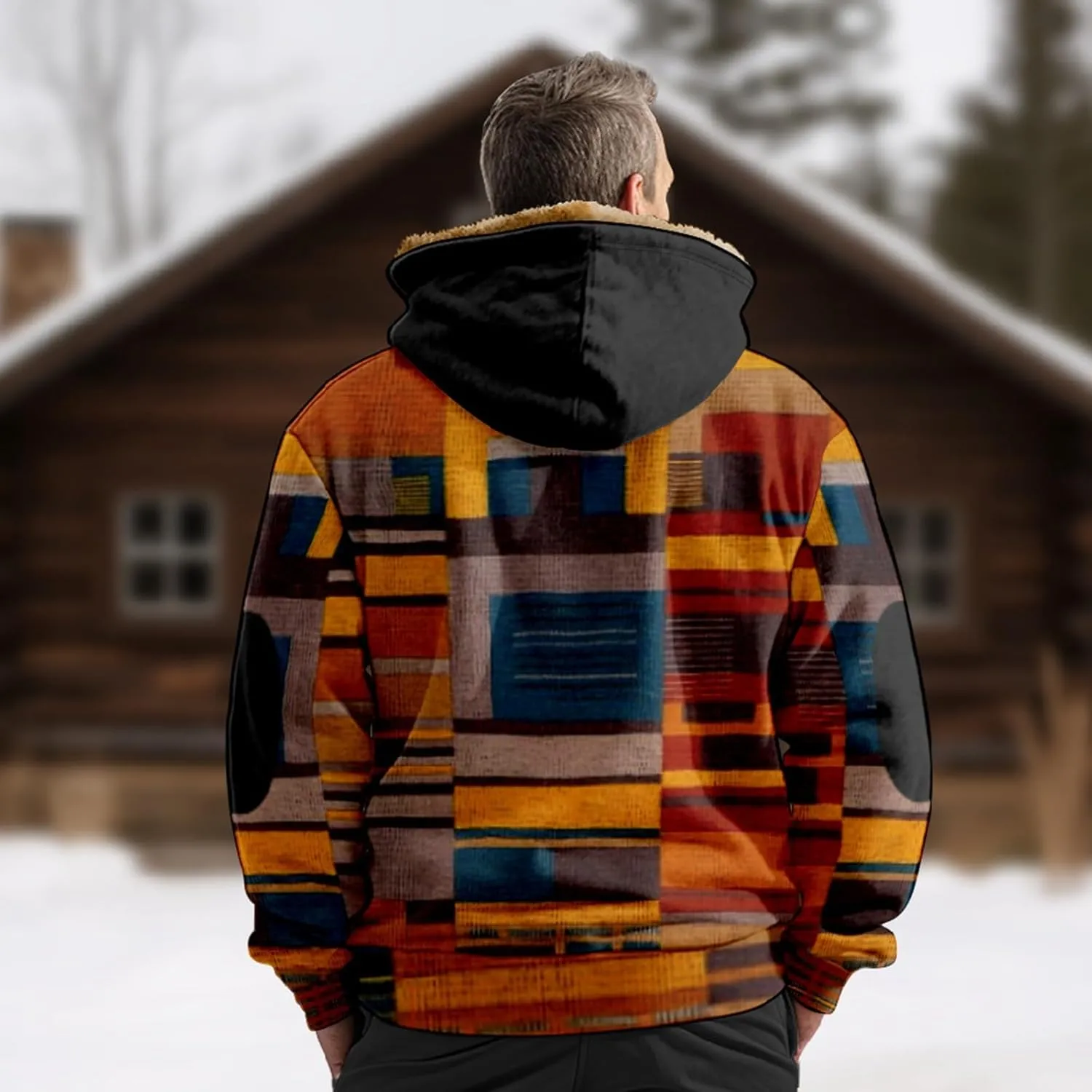 Men's Western Vintage Print Sherpa Fleece Lined Jackets Faux Over Outerwear Windbreaker Varsity Coat Plus Size