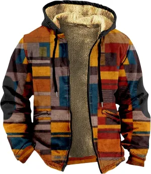 Men's Western Vintage Print Sherpa Fleece Lined Jackets Faux Over Outerwear Windbreaker Varsity Coat Plus Size