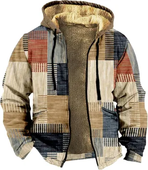 Men's Western Vintage Print Sherpa Fleece Lined Jackets Faux Over Outerwear Windbreaker Varsity Coat Plus Size