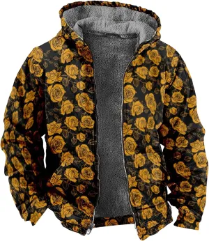 Men's Western Vintage Print Sherpa Fleece Lined Jackets Faux Tactical Jackets Windbreaker Varsity Coat Hooded