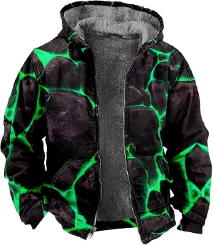 Men's Western Vintage Print Sherpa Fleece Lined Jackets Faux Tactical Jackets Windbreaker Varsity Coat Hooded
