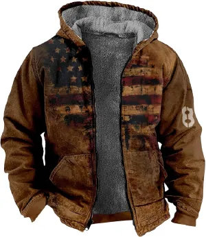 Men's Western Vintage Print Sherpa Fleece Lined Jackets Faux Tactical Jackets Windbreaker Varsity Coat Hooded