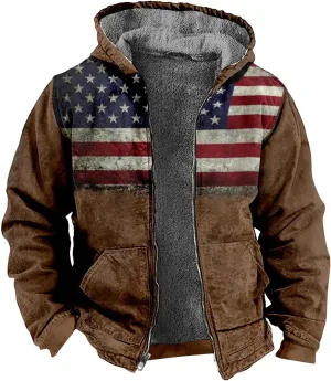 Men's Western Vintage Print Sherpa Fleece Lined Jackets Faux Tactical Jackets Windbreaker Varsity Coat Hooded