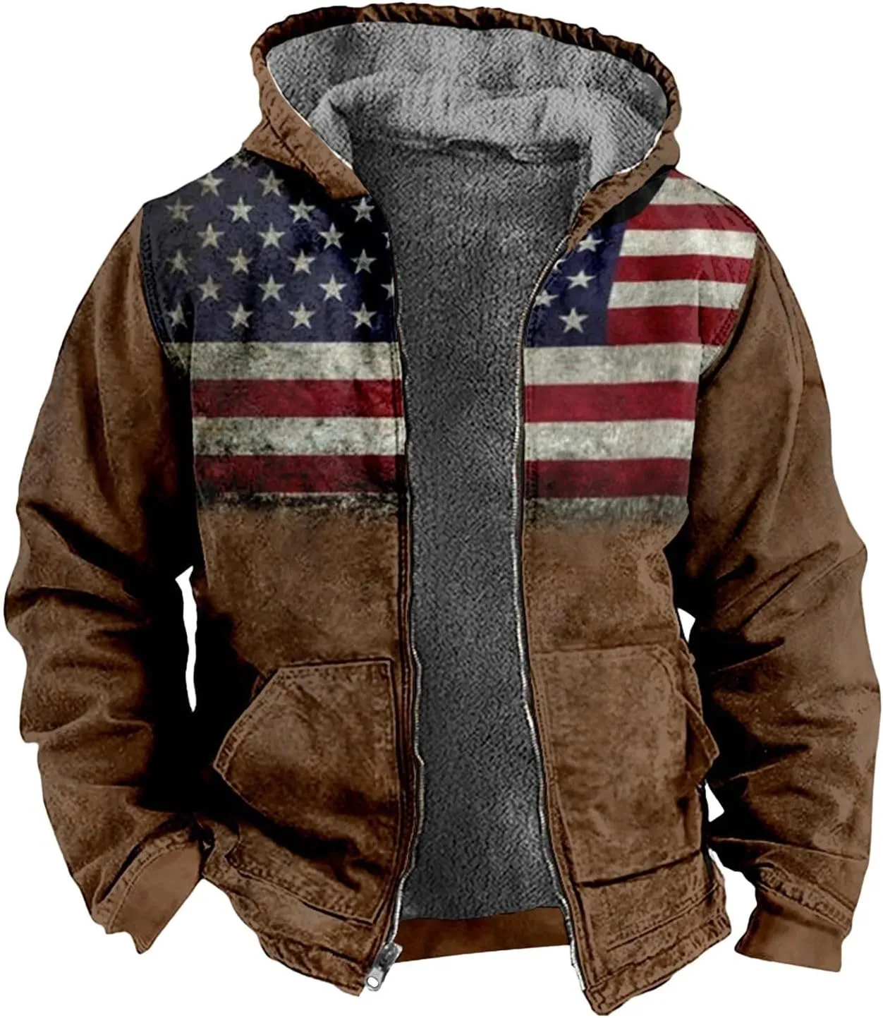 Men's Western Vintage Print Sherpa Fleece Lined Jackets Faux Tactical Jackets Windbreaker Varsity Coat Hooded