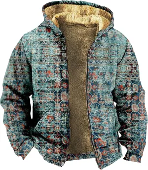 Men's Western Vintage Print Sherpa Fleece Lined Jackets Faux Tactical Jackets Windbreaker Varsity Coat Hooded