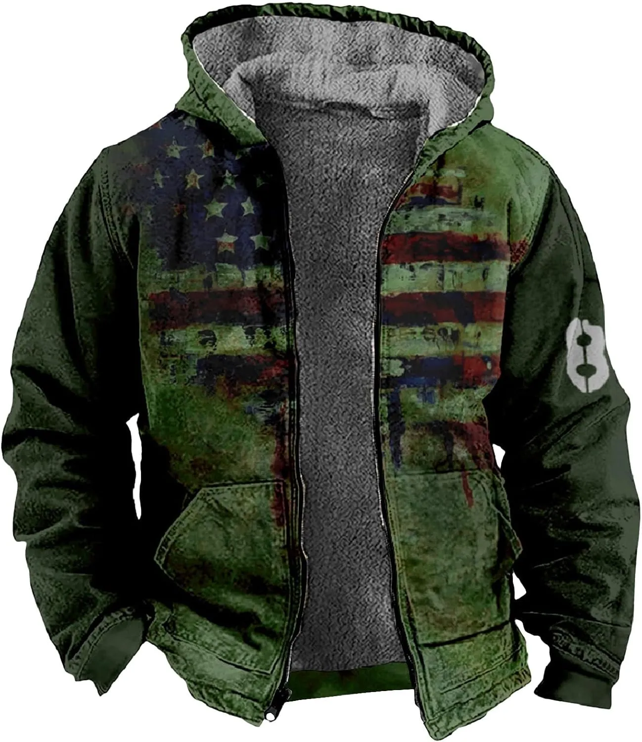 Men's Western Vintage Print Sherpa Fleece Lined Jackets Faux Tactical Jackets Windbreaker Varsity Coat Hooded
