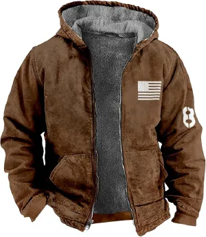 Men's Western Vintage Print Sherpa Fleece Lined Jackets Faux Tactical Jackets Windbreaker Varsity Coat Hooded