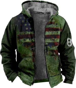 Men's Western Vintage Print Sherpa Fleece Lined Jackets Faux Tactical Jackets Windbreaker Varsity Coat Hooded