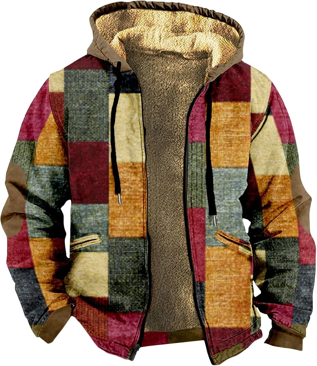 Men's Western Vintage Print Sherpa Fleece Lined Jackets Parka Warm Jacket Outerwear Windbreaker Varsity Coat Hooded