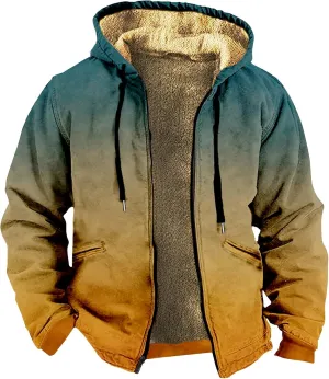 Men's Western Vintage Print Sherpa Fleece Lined Jackets Parka Warm Jacket Outerwear Windbreaker Varsity Coat Hooded