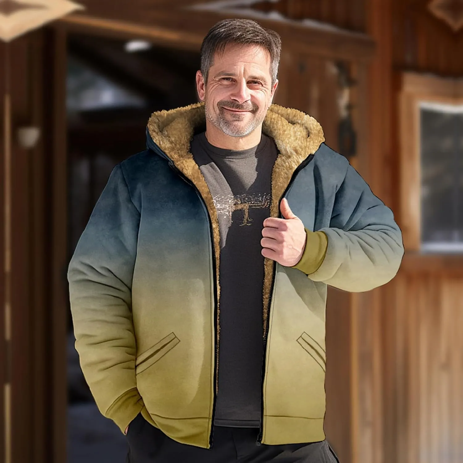 Men's Western Vintage Print Sherpa Fleece Lined Jackets Parka Warm Jacket Outerwear Windbreaker Varsity Coat Hooded