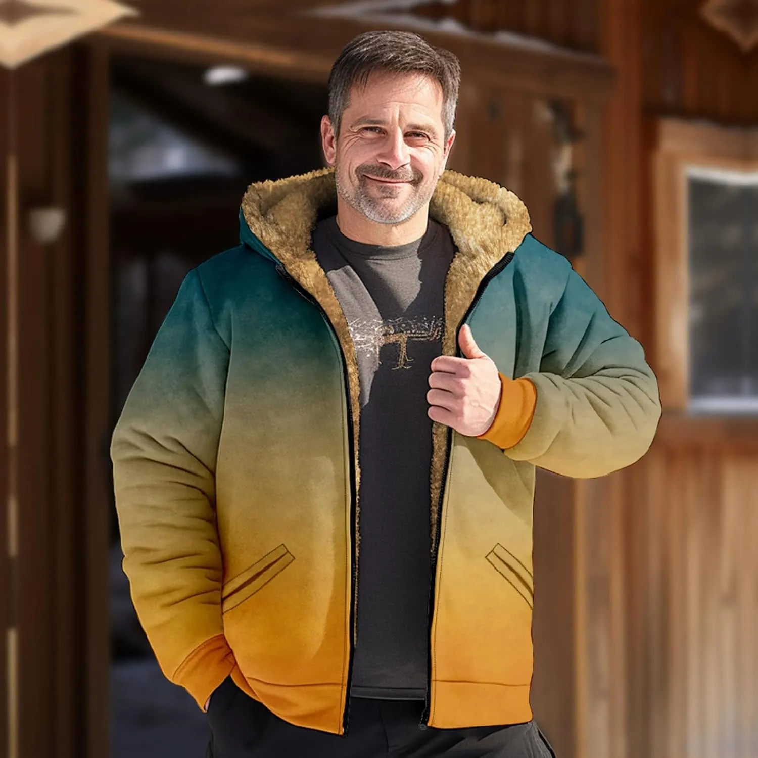 Men's Western Vintage Print Sherpa Fleece Lined Jackets Parka Warm Jacket Outerwear Windbreaker Varsity Coat Hooded
