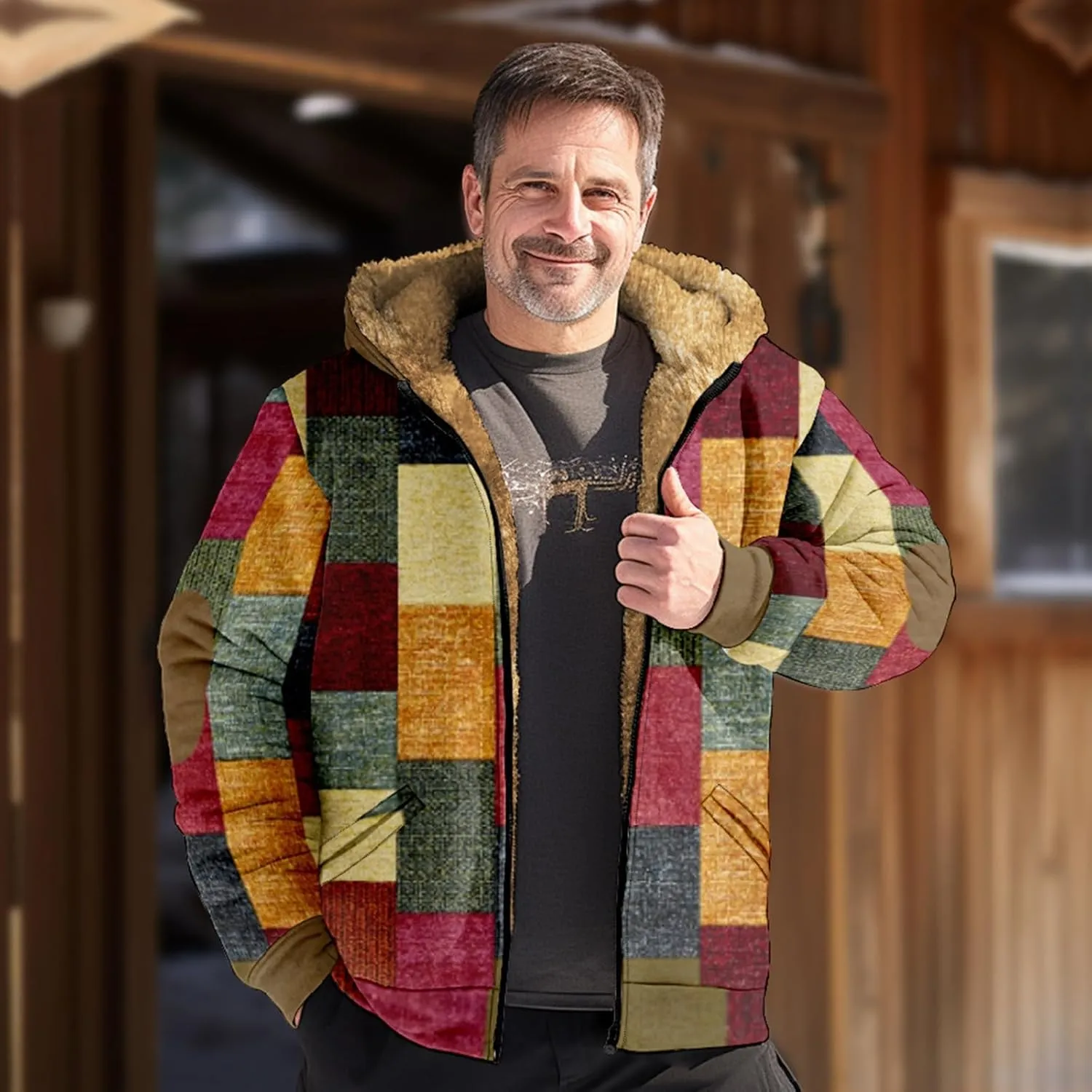 Men's Western Vintage Print Sherpa Fleece Lined Jackets Parka Warm Jacket Outerwear Windbreaker Varsity Coat Hooded
